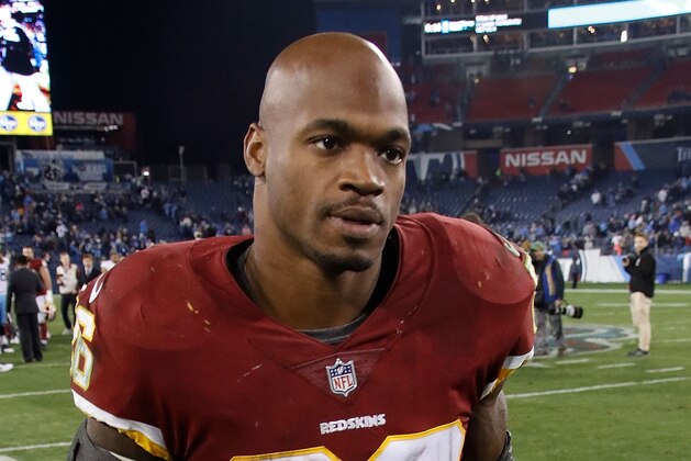 NASHVILLE, TN - DECEMBER 22:  Adrian Peterson #26 of the Washington Redskins leaves the field after a loss to the Tennessee Titans at Nissan Stadium on December 22, 2018 in Nashville, Tennessee.  (Photo by Frederick Breedon/Getty Images)
