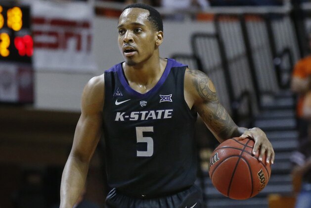 Kansas State guard Barry Brown Jr. (5) in the second half of an NCAA college basketball game against Oklahoma State in Stillwater, Okla., Saturday, Feb. 2, 2019. (AP Photo/Sue Ogrocki)