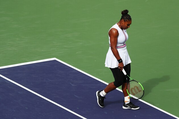 INDIAN WELLS, CALIFORNIA - MARCH 10: Serena Williams of the United States shows her frustration during her women's singles third round match against Garbine Muguruza of Spain on Day 7 of the BNP Paribas Open at the Indian Wells Tennis Garden on March 10, 2019 in Indian Wells, California. (Photo by Yong Teck Lim/Getty Images)