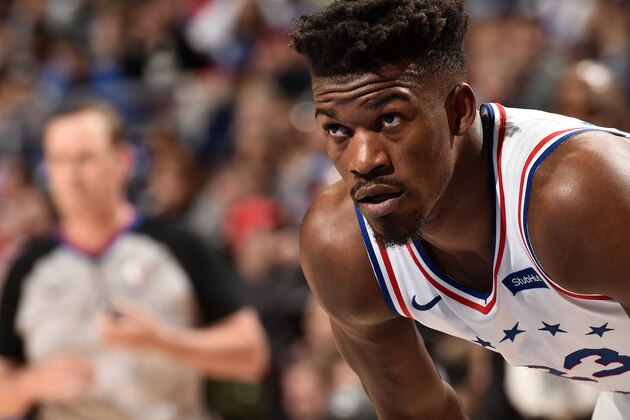 PHILADELPHIA, PA - MARCH 10: Jimmy Butler #23 of the Philadelphia 76ers looks on against the Indiana Pacers on March 10, 2019 at the Wells Fargo Center in Philadelphia, Pennsylvania NOTE TO USER: User expressly acknowledges and agrees that, by downloading and/or using this Photograph, user is consenting to the terms and conditions of the Getty Images License Agreement. Mandatory Copyright Notice: Copyright 2019 NBAE (Photo by David Dow/NBAE via Getty Images)