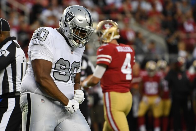 SANTA CLARA, CA - NOVEMBER 01: Johnathan Hankins #90 of the Oakland Raiders celebrates after a play against the San Francisco 49ers during their NFL game at Levi's Stadium on November 1, 2018 in Santa Clara, California. (Photo by Thearon W. Henderson/Getty Images)