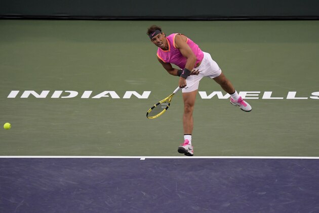 Rafael Nadal, of Spain, serves to Jared Donaldson at the BNP Paribas Open tennis tournament Sunday, March 10, 2019, in Indian Wells, Calif. (AP Photo/Mark J. Terrill)