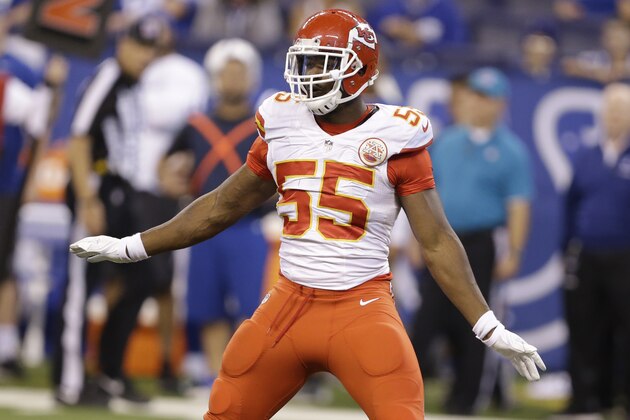 Kansas City Chiefs outside linebacker Dee Ford celebrates after sacking Indianapolis Colts quarterback Andrew Luck during the second half of an NFL football game Sunday, Oct. 30, 2016, in Indianapolis. Kansas City won the game 30-14. (AP Photo/Michael Conroy)