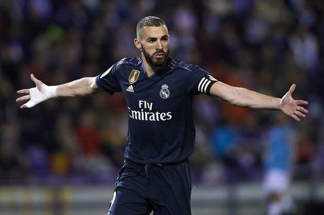 VALLADOLID, SPAIN - MARCH 10: Karim Benzema of Real Madrid celebrates after scoring his team's second goal during the La Liga match between Real Valladolid CF and Real Madrid CF at Jose Zorrilla on March 10, 2019 in Valladolid, Spain. (Photo by Quality Sport Images/Getty Images)