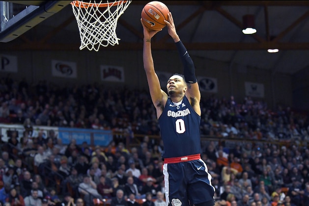 STOCKTON, CA - FEBRUARY 28:  Geno Crandall #0 of the Gonzaga Bulldogs goes up for a slam dunk against the Universisty Of The Pacific Tigers during the first half of their NCAA basketball game at Alex G. Spanos Center on February 28, 2019 in Stockton, California.  (Photo by Thearon W. Henderson/Getty Images)