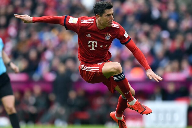 Bayern Munich's Polish forward Robert Lewandowski is pictured during the German first division Bundesliga football match Bayern Munich vs VfL Wolfsburg on March 9, 2019 in Munich. (Photo by Christof STACHE / AFP) / DFL REGULATIONS PROHIBIT ANY USE OF PHOTOGRAPHS AS IMAGE SEQUENCES AND/OR QUASI-VIDEO        (Photo credit should read CHRISTOF STACHE/AFP/Getty Images)