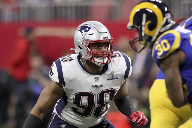 New England Patriots Trey Flowers #98 in action against the Los Angeles Rams during NFL Super Bowl 53, Sunday, February 3, 2019 in Atlanta. The Patriots won 13-3. (AP Photo/Gregory Payan)