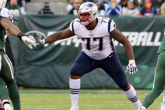 EAST RUTHERFORD, NJ - NOVEMBER 25:  (NEW YORK DAILIES OUT)    Trent Brown #77 of the New England Patriots in action against the New York Jets on November 25, 2018 at MetLife Stadium in East Rutherford, New Jersey. The Patriots defeated the Jets 27-13.  (Photo by Jim McIsaac/Getty Images)