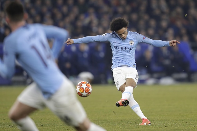 Manchester City midfielder Leroy Sane scores his side's second goal during the first leg, round of sixteen, Champions League soccer match between Schalke 04 and Manchester City at Veltins Arena in Gelsenkirchen, Germany, Wednesday Feb. 20, 2019. (AP Photo/Michael Probst)