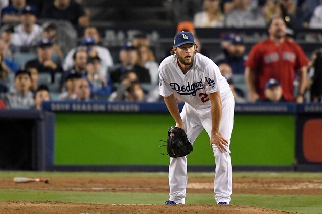 LOS ANGELES, CA - OCTOBER 28:  Clayton Kershaw #22 of the Los Angeles Dodgers reacts after allowing a sixth inning home run to Mookie Betts (not pictured) #50 of the Boston Red Sox in Game Five of the 2018 World Series at Dodger Stadium on October 28, 2018 in Los Angeles, California.  (Photo by Kevork Djansezian/Getty Images)