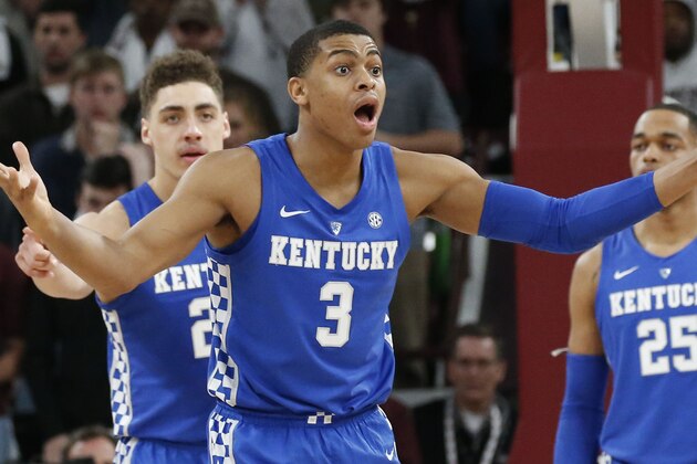 Kentucky guard Keldon Johnson (3) reacts after being called for a foul during the second half of an NCAA basketball game against Mississippi State in Starkville, Miss., Saturday, Feb. 9, 2019. Kentucky won 71-67. (AP Photo/Rogelio V. Solis)