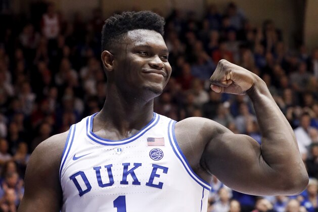 Duke's Zion Williamson (1) celebrates after he scored against North Carolina State during the second half of an NCAA college basketball game in Durham, N.C., Saturday, Feb. 16, 2019. (AP Photo/Chris Seward)