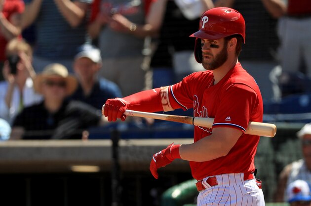 CLEARWATER, FLORIDA - MARCH 09: Bryce Harper #3 of the Philadelphia Phillies stretches in the first inning  during a game against the Toronto Blue Jays on March 09, 2019 in Clearwater, Florida. (Photo by Mike Ehrmann/Getty Images)