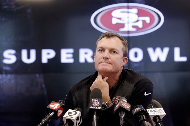 FILE - In this April 23, 2018, file photo, San Francisco 49ers general manager John Lynch speaks to reporters at the team's football facility in Santa Clara, Calif. Lynch felt like he had filled a hole at middle linebacker when he drafted Reuben Foster in the first round a year ago.  Now with Foster facing legal trouble and possible league punishment following three felony charges in a domestic violence case, Lynch heads into this year's draft knowing he can't count on Foster to play this season.  (AP Photo/Jeff Chiu, File)