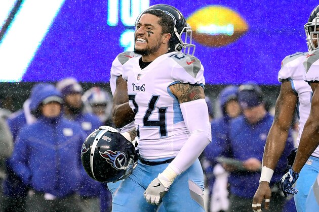 EAST RUTHERFORD, NJ - DECEMBER 16:  Kenny Vaccaro #24 of the Tennessee Titans reacts against the New York Giants at MetLife Stadium on December 16, 2018 in East Rutherford, New Jersey.  (Photo by Steven Ryan/Getty Images)
