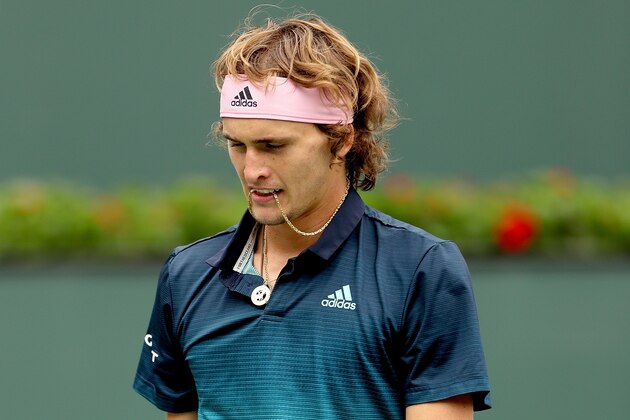 INDIAN WELLS, CALIFORNIA - MARCH 11: Alexander Zverev of Germany walks back to the baseline between points while playing Jan-Lennard Struff of Germany during the BNP Paribas Open at the Indian Wells Tennis Garden on March 11, 2019 in Indian Wells, California. (Photo by Matthew Stockman/Getty Images)