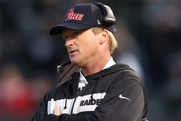 OAKLAND, CA - DECEMBER 02: Head coach Jon Gruden of the Oakland Raiders looks on against the Kansas City Chiefs during their NFL game at Oakland-Alameda County Coliseum on December 2, 2018 in Oakland, California. (Photo by Ezra Shaw/Getty Images)
