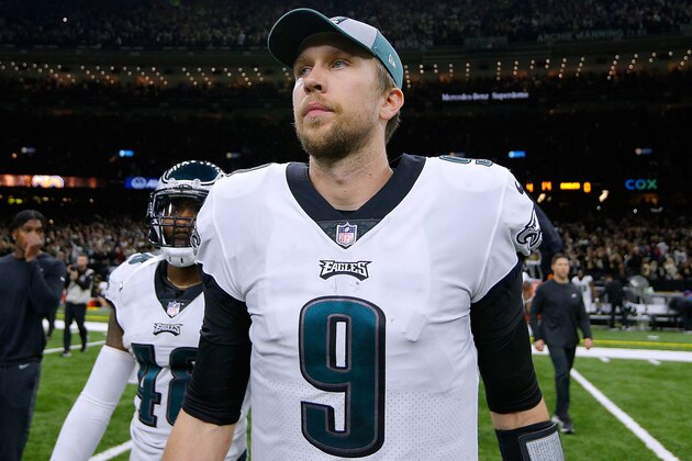 NEW ORLEANS, LOUISIANA - JANUARY 13: Nick Foles #9 of the Philadelphia Eagles reacts after the NFC Divisional Playoff against the New Orleans Saints  at the Mercedes Benz Superdome on January 13, 2019 in New Orleans, Louisiana. (Photo by Jonathan Bachman/Getty Images)