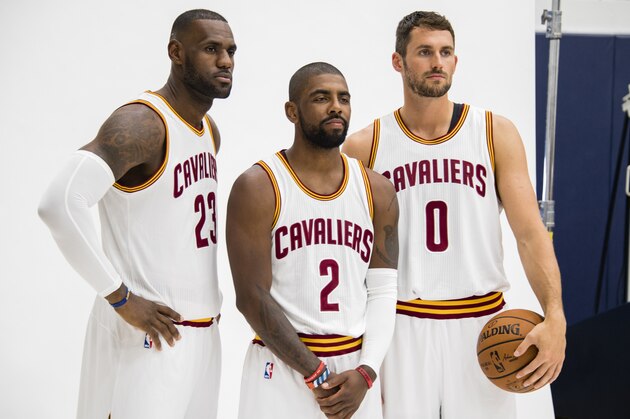 CLEVELAND, OH - SEPTEMBER 26: LeBron James #23 and Kyrie Irving #2 and Kevin Love #0 of the Cleveland Cavaliers pose for a portrait during media day at Cleveland Clinic Courts on September 26, 2016 in Cleveland, Ohio. NOTE TO USER: User expressly acknowledges and agrees that, by downloading and/or using this photograph, user is consenting to the terms and conditions of the Getty Images License Agreement. Mandatory copyright notice. (Photo by Jason Miller/Getty Images)