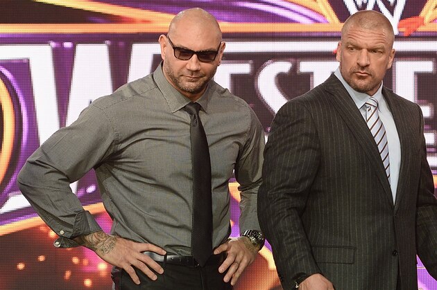 NEW YORK, NY - APRIL 01:  Batista, Triple H, Randy Orton and Daniel Bryan attend the WrestleMania 30 press conference at the Hard Rock Cafe New York on April 1, 2014 in New York City.  (Photo by Dimitrios Kambouris/Getty Images)