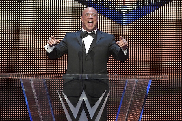 IMAGE DISTRIBUTED FOR WWE - Kurt Angle addresses the crowd after being inducted into the WWE Hall of Fame as part of the WrestleMania 33 weekend at a ceremony on Friday, March 31, 2017, in Orlando, Fla. (Phelan M. Ebenhack/AP Images for WWE)