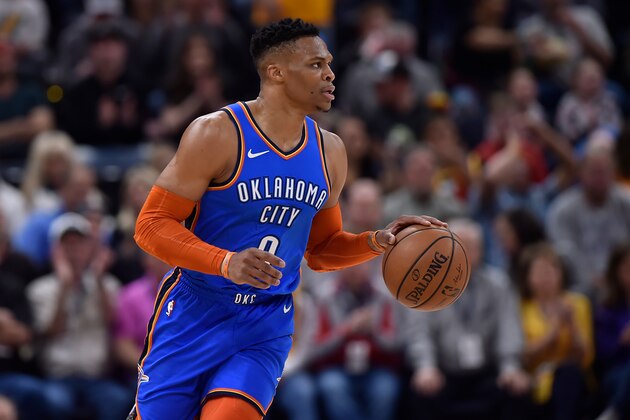 SALT LAKE CITY, UT - MARCH 11: Russell Westbrook #0 of the Oklahoma City Thunder brings the ball up court against the Utah Jazz in the first half of a NBA game at Vivint Smart Home Arena on March 11, 2019 in Salt Lake City, Utah. NOTE TO USER: User expressly acknowledges and agrees that, by downloading and or using this photograph, User is consenting to the terms and conditions of the Getty Images License Agreement. (Photo by Gene Sweeney Jr./Getty Images)