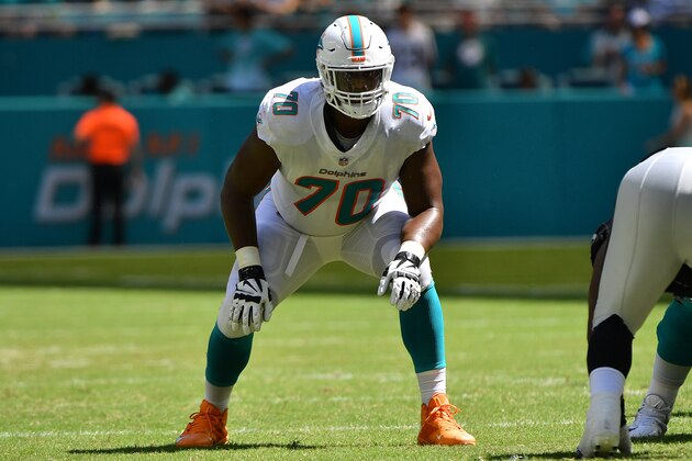 MIAMI, FL - SEPTEMBER 23: Ja'Wuan James #70 of the Miami Dolphins in action during the game against the Oakland Raiders at Hard Rock Stadium on September 23, 2018 in Miami, Florida. (Photo by Mark Brown/Getty Images)