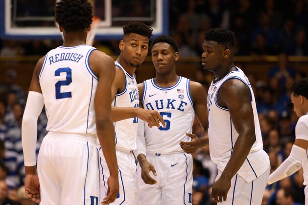 DURHAM, NORTH CAROLINA - FEBRUARY 05: \(L-R) Cam Reddish #2, Javin DeLaurier #12, RJ Barrett #5 and Zion Williamson #1 of the Duke Blue Devils huddle during their game against the Boston College Eagles at Cameron Indoor Stadium on February 05, 2019 in Durham, North Carolina. Duke won 80-55. (Photo by Grant Halverson/Getty Images)