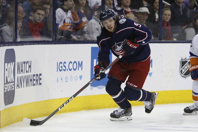 Columbus Blue Jackets' Artemi Panarin, of Russia, plays against the New York Islanders during an NHL hockey game Thursday, Feb. 14, 2019, in Columbus, Ohio. (AP Photo/Jay LaPrete)