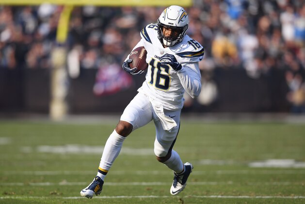 OAKLAND, CA - NOVEMBER 11:  Tyrell Williams #16 of the Los Angeles Chargers runs with the ball after catching a pass against the Oakland Raiders during the first half of their NFL football game at Oakland-Alameda County Coliseum on November 11, 2018 in Oakland, California.  (Photo by Thearon W. Henderson/Getty Images)