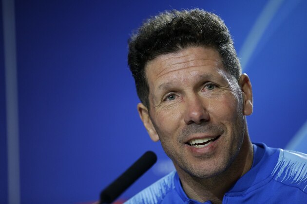 Atletico Madrid coach Diego Simeone speaks during a press conference at Wanda Metropolitano stadium in Madrid, Spain, Tuesday, Feb. 19, 2019. Juventus will play Atletico Madrid in a first leg, round of sixteen, Champions League soccer match on Wednesday. (AP Photo/Andrea Comas)