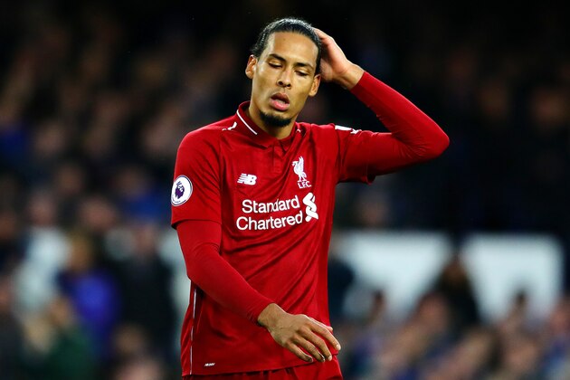 LIVERPOOL, ENGLAND - MARCH 03: Virgil van Dijk of Liverpool reacts during the Premier League match between Everton FC and Liverpool FC at Goodison Park on March 03, 2019 in Liverpool, United Kingdom. (Photo by Chris Brunskill/Fantasista/Getty Images)