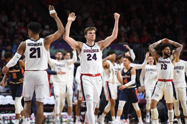 LAS VEGAS, NEVADA - MARCH 11:  Rui Hachimura #21 and Corey Kispert #24 of the Gonzaga Bulldogs celebrate during a semifinal game of the West Coast Conference basketball tournament against the Pepperdine Waves at the Orleans Arena on March 11, 2019 in Las Vegas, Nevada. The Bulldogs defeated the Waves 100-74.  (Photo by Ethan Miller/Getty Images)