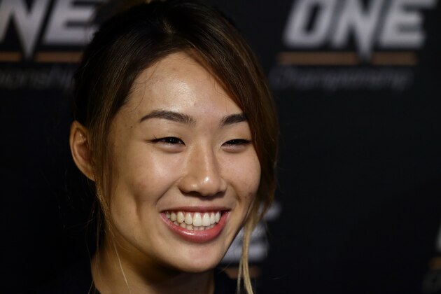 SINGAPORE - MAY 25:  Angela Lee of Singapore speaks with reporters during the One FC media opportunity at Clarke Quay on May 25, 2017 in Singapore.  (Photo by Suhaimi Abdullah/Getty Images)