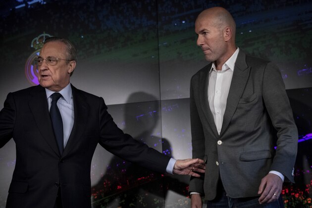 Newly appointed Real Madrid head coach Zinedine Zidane, and Real Madrid President Florentino Perez  attend a press conference in Madrid, Monday March 11, 2019. Real Madrid picked one of its most successful coaches to try to end one of its worst crises. Zidane is returning to coach Real Madrid, the club he led to three straight Champions League titles. (AP Photo/Bernat Armangue)