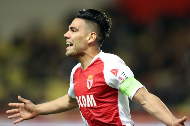 Monaco's Colombian forward Radamel Falcao celebrates after scoring a goal during the French L1 football match between AS Monaco (ASM) and FC Girondins de Bordeaux (FCGB) on March 9, 2019 at the Louis II Stadium in Monaco. (Photo by VALERY HACHE / AFP)        (Photo credit should read VALERY HACHE/AFP/Getty Images)