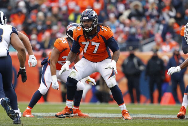 Denver Broncos offensive tackle Billy Turner (77) lines up against the Los Angeles Rams during the first half of an NFL football game, Sunday, Oct. 14, 2018, in Denver. (AP Photo/Joe Mahoney)