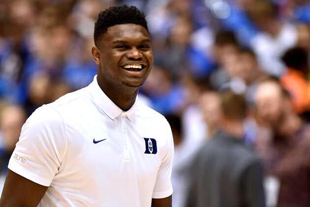 DURHAM, NC - MARCH 05: Zion Williamson of the Duke Blue Devils reacts prior to their game against the Wake Forest Demon Deacons at Cameron Indoor Stadium on March 5, 2019 in Durham, North Carolina. (Photo by Lance King/Getty Images)