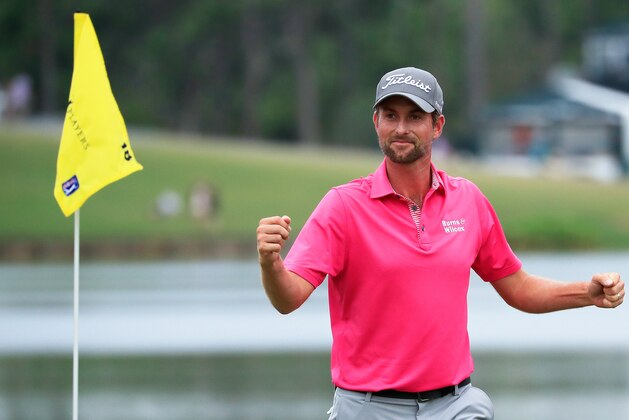 PONTE VEDRA BEACH, FL - MAY 13:  Webb Simpson of the United States celebrates on the 18th green after winning during the final round of THE PLAYERS Championship on the Stadium Course at TPC Sawgrass on May 13, 2018 in Ponte Vedra Beach, Florida.  (Photo by Cliff Hawkins/Getty Images)