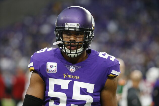 Minnesota Vikings linebacker Anthony Barr walks on the field before an NFL football game against the Arizona Cardinals, Sunday, Oct. 14, 2018, in Minneapolis. (AP Photo/Bruce Kluckhohn)