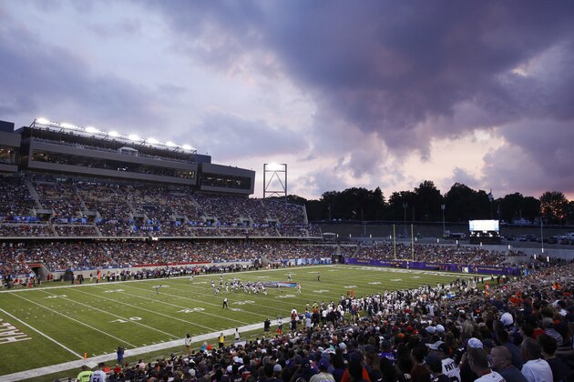 CANTON, OH - AUGUST 02: General view as the sun sets in the first quarter of the Hall of Fame Game between the Baltimore Ravens and Chicago Bears at Tom Benson Hall of Fame Stadium on August 2, 2018 in Canton, Ohio. (Photo by Joe Robbins/Getty Images)