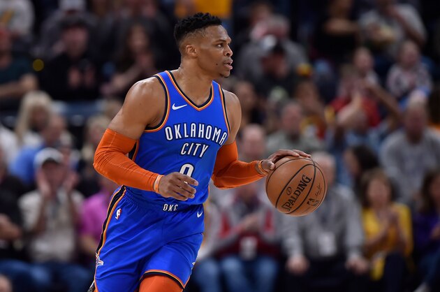 SALT LAKE CITY, UT - MARCH 11: Russell Westbrook #0 of the Oklahoma City Thunder brings the ball up court against the Utah Jazz in the first half of a NBA game at Vivint Smart Home Arena on March 11, 2019 in Salt Lake City, Utah. NOTE TO USER: User expressly acknowledges and agrees that, by downloading and or using this photograph, User is consenting to the terms and conditions of the Getty Images License Agreement. (Photo by Gene Sweeney Jr./Getty Images)