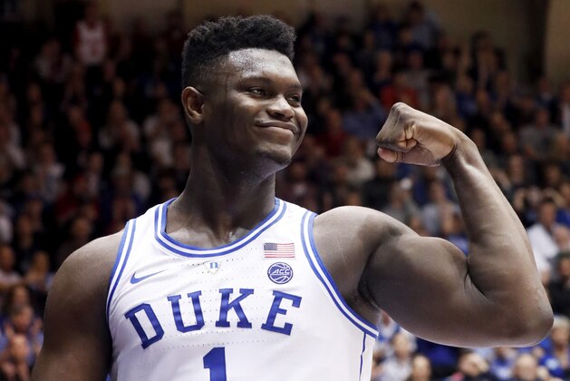 Duke's Zion Williamson (1) celebrates after he scored against North Carolina State during the second half of an NCAA college basketball game in Durham, N.C., Saturday, Feb. 16, 2019. (AP Photo/Chris Seward)