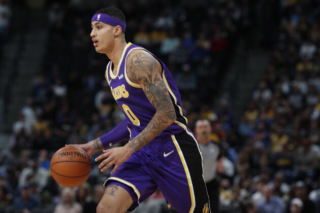 Los Angeles Lakers forward Kyle Kuzma (0) in the first half of an NBA basketball game Tuesday, Nov. 27, 2018, in Denver. (AP Photo/David Zalubowski)