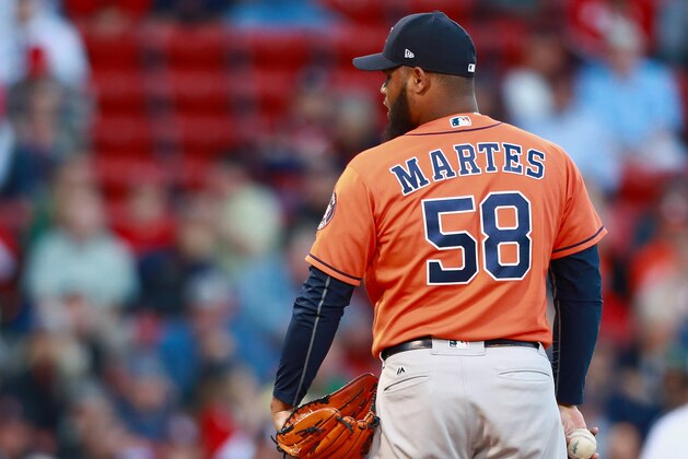 BOSTON, MA - OCTOBER 01:  Francis Martes #58 of the Houston Astros looks for a call before pitching during the game against the Boston Red Sox at Fenway Park on October 1, 2017 in Boston, Massachusetts.  (Photo by Omar Rawlings/Getty Images)