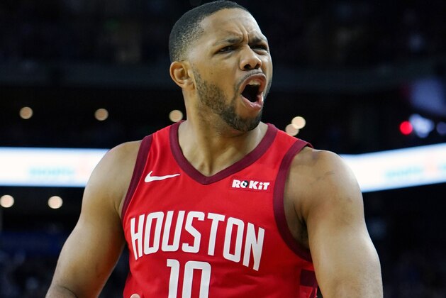 OAKLAND, CA - FEBRUARY 23:  Eric Gordon #10 of the Houston Rockets reacts after he was called for a foul against the Golden State Warriors during an NBA basketball game at ORACLE Arena on February 23, 2019 in Oakland, California. NOTE TO USER: User expressly acknowledges and agrees that, by downloading and or using this photograph, User is consenting to the terms and conditions of the Getty Images License Agreement.  (Photo by Thearon W. Henderson/Getty Images)
