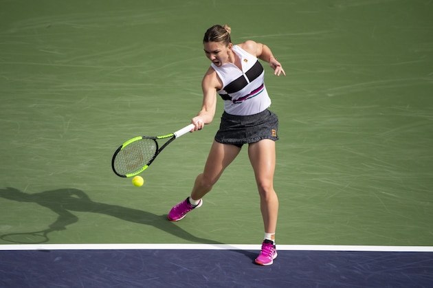 INDIAN WELLS, CALIFORNIA - MARCH 10: Simona Halep of Romania hits a forehand against Kateryna Kozlova of Ukraine in the second round of the BNP Paribas Masters on March 10, 2019 at the Indian Wells Tennis Garden in Indian Wells, California. (Photo by TPN/Getty Images)