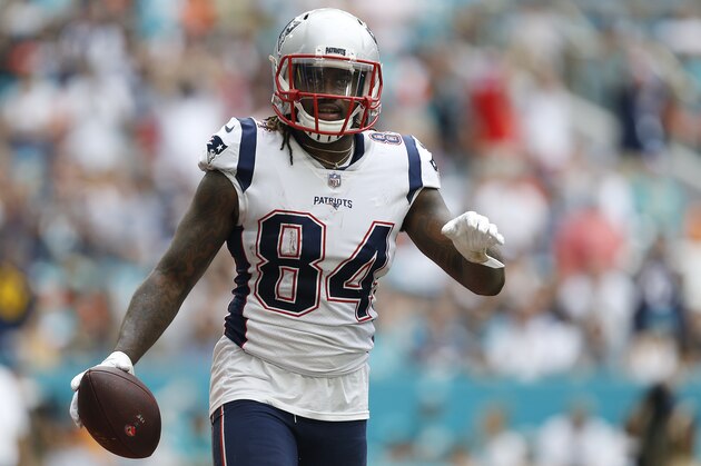 MIAMI, FL - DECEMBER 09:  Cordarrelle Patterson #84 of the New England Patriots reacts after a touchdown against the Miami Dolphins at Hard Rock Stadium on December 9, 2018 in Miami, Florida.  (Photo by Michael Reaves/Getty Images)