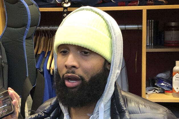 New York Giants star receiver Odell Beckham Jr., talks to the media at Giant headquarters in East Rutherford, N.J., Friday, Dec. 28, 2018. Beckham has been ruled out for the fourth straight game. Coach Pat Shurmur announced Friday that Beckham will miss Sunday's regular-season finale against Dallas with a quad injury. Beckham sustained the injury on the final play of New York's 25-22 loss at Philadelphia on Nov. 25. (AP Photo/Tom Canavan)