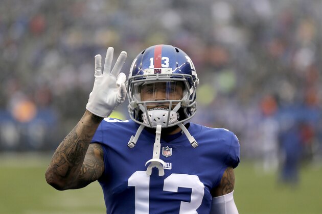 New York Giants wide receiver Odell Beckham gestures prior to an NFL football game against the Chicago Bears, Sunday, Dec. 2, 2018, in East Rutherford, N.J. (AP Photo/Seth Wenig)
